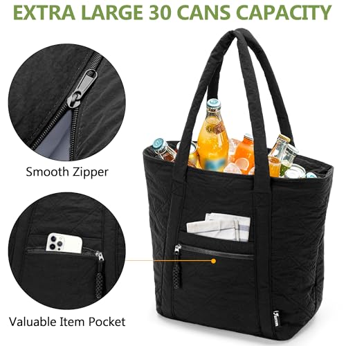 Fasrom Insulated Cooler Tote Bag Holds 30 Cans, Large Leakproof Grocery Bag with Zippered Top, Soft Sided Shopping Bag for Groceries, Food, Drinks, Suitable for Beach, Picnic and Outdoor Use, Black