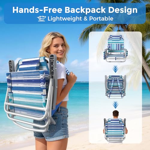 5-Position Backpack Beach Chair for Adults with Lumbar, Foldable Tall Heavy-Duty Beach Chairs with Cooler Bag,Cup Holder,Towel Rack for Beach, Camping, Outdoor (2, Blue&White) - color: Blue&white, size: 2 pack