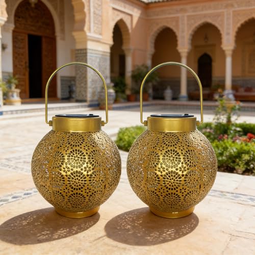 Solar Lanterns Outdoor Hanging 2 Pack, Waterproof Metal Garden Lights with Polka Dot Cutout Design, Dusk to Dawn Auto On/Off LED Decorative Lamp for Patio Porch Yard Tabletop, Shiny Gold - color: Shiny Gold Polka Dot