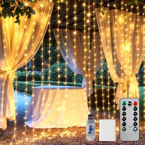 Brightown 600 LED Curtain String Lights, 20 FT Hanging Fairy Lights with Remote, 8 Modes, Waterproof Window Lights for Bedroom Backdrop Wedding Outdoor Christmas Party, Warm White - color: Warm White, size: 600LED