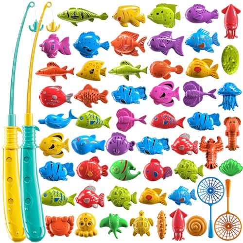 JUKUDAHU Magnet Fishing Game for Kids 3 4 5 6 7 8 Years Old - Pool Bath Toys for Toddlers, Pole Rod Net, Floating Fish Toys, Outdoor Party Toys for Boys Girls Kids Age 3-8 8-12 Year Old - style: 55 Magnet Fishing Toy