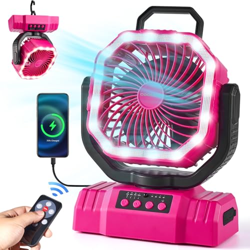 Odoland Portable Camping Fan with LED Lantern, 20000mAh Rechargeable Battery Powered Fan with Auto Oscillation, Timer, Remote, 360° Rotation Hook, 4 Speeds for Power Outage Travel Home, Pink - color: Pink