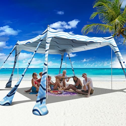 Beach Canopy Beach Tent Pop Up Shade 10x10ft Sun Shelter UPF50+ with 8 Sandbags-2 Sand Shovel-4 Aluminum Poles-Ground Pegs-Portable Carrying Bag for Outdoor Family Camping Fishing Yard Picnic - color: Sea Wave