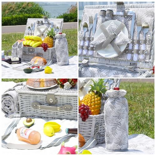 Picnic Basket for 2 with Blanket, Willow Picnic Basket Set with Shoulder Strap&Wine Pouch, Large Willow Hamper with Insulated Cooler for Outdoor, Camping, Beach, Couples, Wedding Gift - color: Gray Leaves