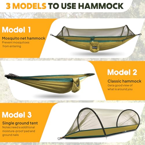 Chihee Ultra-Light Travel Camping Hammock Pop-up Net Hammock 660lbs Load Capacity,Breathable,Quick-Drying Parachute Nylon 2 Premium Carabiners,2 Tree Slings Included for Outdoor Backpacking Hiking - color: Camel/Olive Green