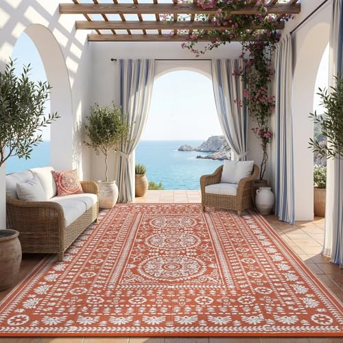 Garvee Reversible Outdoor Rug 8x10 for Patio, Waterproof Outdoor Area Rug, Modern Medallion Indoor Outdoor Rugs, Plastic Straw Rug for RV, Camping, Deck, Vintage Terracotta - color: Terracotta & White, size: 8' x 10' (Rectangular)