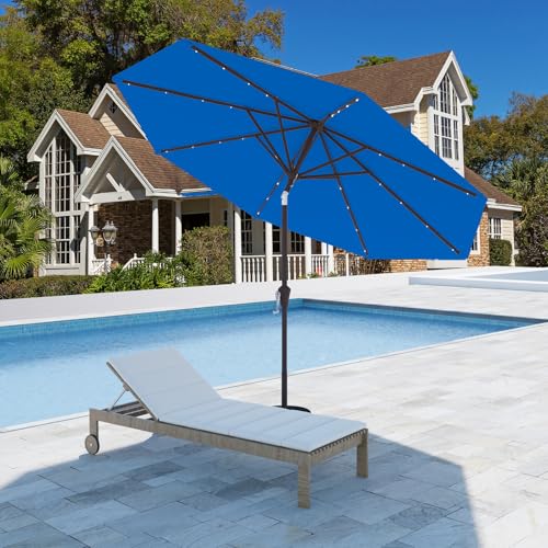 9FT Patio Umbrella with Solar Lights,Outdoor Market Umbrella with Tilt and Crank, LED Lighted Table Umbrella for Garden,Deck,Backyard,Pool,Beach (Royal blue) - color: Royal blue