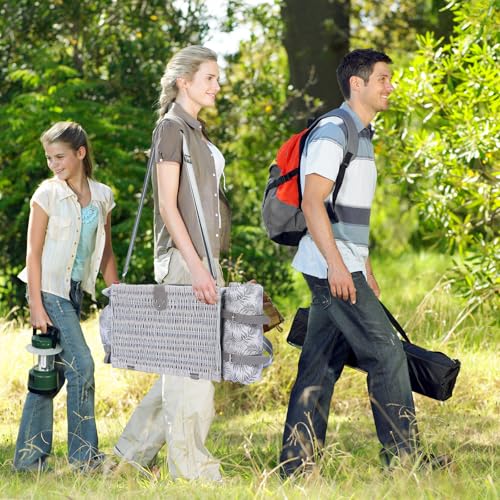 Picnic Basket for 2 with Blanket, Willow Picnic Basket Set with Shoulder Strap&Wine Pouch, Large Willow Hamper with Insulated Cooler for Outdoor, Camping, Beach, Couples, Wedding Gift - color: Gray Leaves