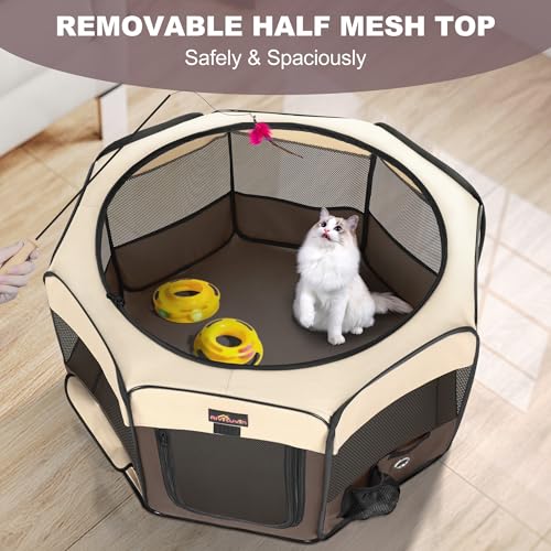 Aivituvin Dog Playpen, Foldable Pet Play Pens with Carrying Bag for Cat, Puppies, Rabbits, Portable Dog Tent Crates Cage for Travel Camping Indoor Outdoor, Removable Shade Cover, Brown M - color: BROWN, size: M