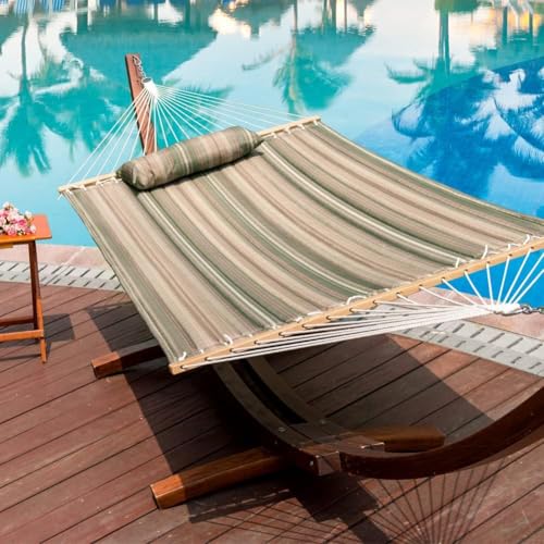 Lazy Daze 12 FT Quilted Fabric Double Hammock with Spreader Bars and Detachable Pillow, 2 Person Hammock for Outdoor Patio Backyard Poolside, 450 LBS Weight Capacity, Mixed Green & Brown Stripe - color: Green & Brown Stripe