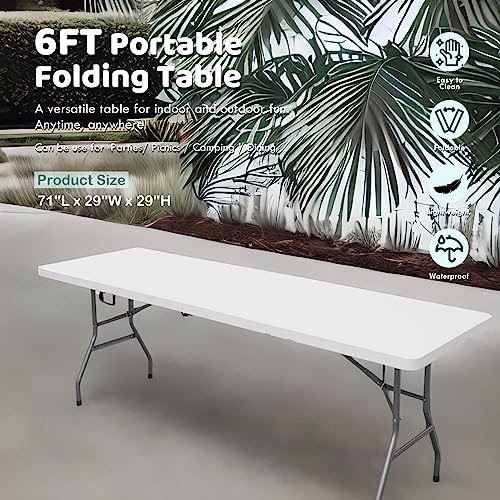AJP Distributors 6 Foot Portable Plastic Folding Table 6FT 72" Half Foldable Heavy Duty Top w/Carry Handle - Indoor Outdoor Backyard Camping Picnic BBQ Party Wedding Dining Office Event Meeting White - color: White, size: 6 Foot