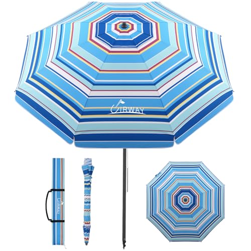 UIRWAY Beach Umbrella, Heavy Duty Windproof Beach Umbrellas with Sand Anchor & Tilt, Sun Protection Portable Beach Umbrella with Carrying Bag for Beach, Patio Garden Pool Outdoor - color: Coastal Stripe, size: 7.5FT