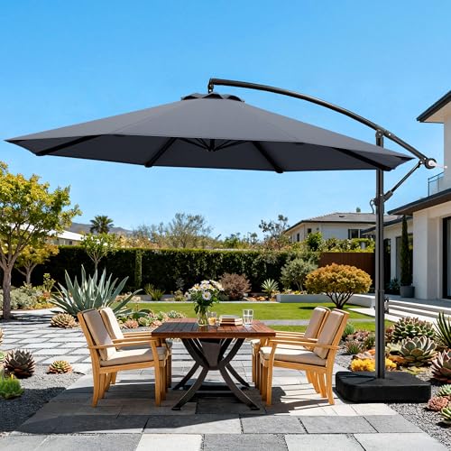 OLILAWN Cantilever Offset Patio Umbrellas, Outdoor 10 feet Large Patio Umbrella with Base Included, Upgraded Yarn-dyed Fabric Shade, Sturdy 8 Rids, 360 Degree Rotation & Easy Tilt Adjustment, for Pool Deck Porch Backyard Garden - color: Charcoal, size: 10