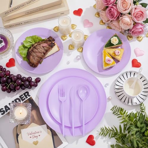 EI 150pcs Purple Plastic Plates for Party,Fancy Disposable Plates,Heavy Duty Plastic Dinnerware Set for Wedding,Easter,Afternoon Tea Party,Spring,Mother's Day,Valentine's Day - color: Purple Frosted Plastic Plates