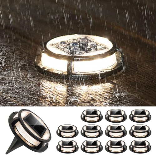 LUTEC 12 Pack Solar Driveway Lights, 12 LEDs IP67 Waterproof Outdoor Solar Dock Driveway Marker Lights for Step, Sidewalk, Pathway, Patio, Garden(Warm White) - color: Black, size: 12 Pack