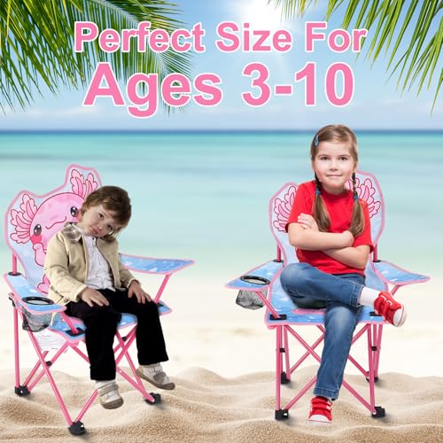 KABOER Kids Outdoor Folding Lawn and Camping Chair with Cup Holder and Carrying Bag, Children's Camping Chairs - color: Pink Axolotl