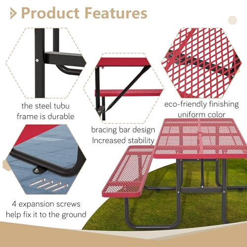 72'' Steel Rectangular Metal Picnic Table for Outdoors, Commercial Picnic Table with Umbrella Hole of Up to 1-1/2" Diameter, for Garden Courtyard BBQ, Red - color: Red