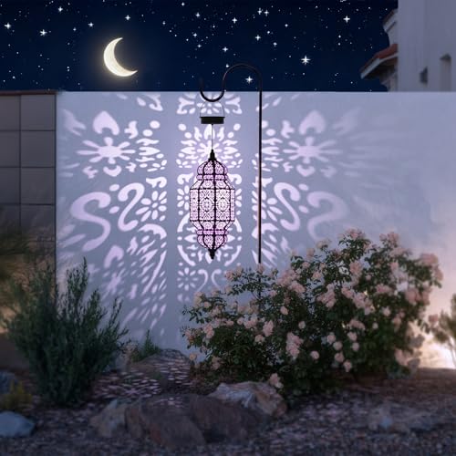 18 Inch High Large Hanging Solar Lights Outdoor Garden Decor, Decorative Waterproof Plastic Moroccan Solar Lantern Lamp, Outside Decorations for Patio Yard Porch Decor, Gardening Gifts for Women Mom - color: Black Purple, size: 1pack