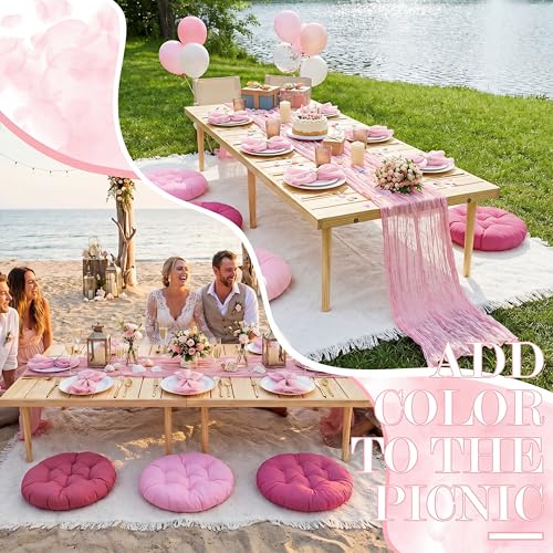 Beeveer 91 x 71'' Extra Large Outdoor Picnic Blanket with Pink Table Runner 6 Napkins and 6 Pink Floor Pillows Cushions for Picnic Party Camping Wedding Bachelorette Birthday Baby Shower Decor - color: Pink