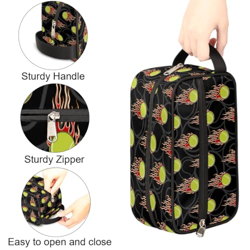 Kids Travel Toiletry Bag - Fire Tennis Ball Waterproof Hanging Cosmetic Hygiene Bags for Boys Men - Large Shave Kit for Toiletries Accessories Bathroom Stuff - color: Fire Tennis Ball