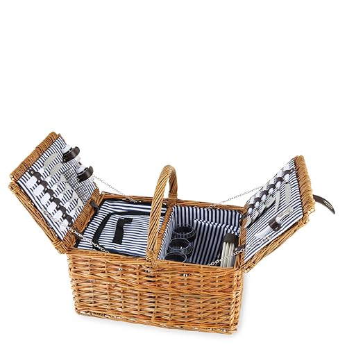 Twine Cape Cod Wicker Basket with Insulated Compartments, Service for 4 – Includes Silverware, Plates, Napkins, Wine Glasses, Shakers, and Corkscrew, Perfect for Picnic, Outdoor Party - style: Cape Cod Picnic Basket