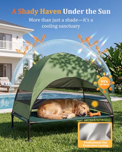 Elevated Outdoor Dog Bed with Canopy, Raised Dog Cot with Stable Adjustable Feet, Dog Camping Bed with Larger Shade, Lifted Dog Tent Bed with Canopy for Outside (Green, Large) - color: Green, size: Large