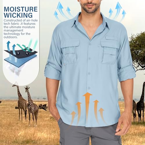 Mens Safari Shirts Long Sleeve UV Protection Hiking Fishing UPF 50+ Quick Dry Camping Travel Shirts - color: Blue, size: Small