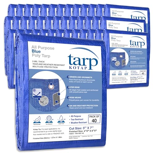 Kotap TRA-0507-40 Durable Multi-Use, 40-Pack Poly Tarpaulin, 5 ft. X 7 ft, Blue - color: Blue, size: Cut Size: 5 x 7'/Finished Size: 4' 6" X 6' 6"