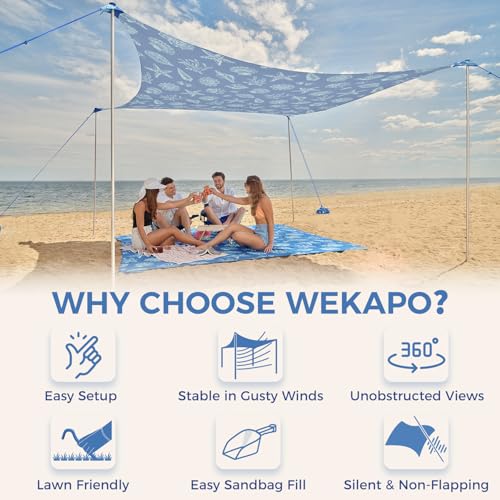 WEKAPO Beach Tent Sun Shelter - Easy Setup Beach Canopy with 4 Sturdy Poles, Large Sandbags and Shovel, 6'7'' Tall, Windproof Sun Shade for Backyard and Camping, UPF 50+ Protectio - color: Blue Sea Shells, size: 8x8 FT 4 Pole