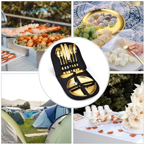 Camping Silverware Kit Cutlery Organizer Utensil Picnic Set Stainless Steel Plate Spoon Clip and Serrated Knife Wine Opener Fork Napkin Hiking - Camp Kitchen BBQ’s - color: Camping Silverware Set-13set-Gold