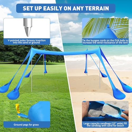 Beach Tent Sun Shelter 10x10ft Beach Canopy Easy Pop Up Sun Shade Portable UPF50+ with 8 Sandbags-2 Sand Shovel-4 Aluminum Poles-Ground Pegs for Outdoor Family Camping Fishing Backyard Picnic - color: Royal Blue, size: 10x10 FT 4 Pole
