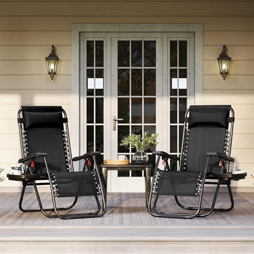 Yaheetech 26" Zero Gravity Recliners Outdoor Adjustable Folding Reclining Lounge Chairs w/Pillows, Cup Holder Trays and Carry Strap for Patio Backyard Beach New Black Set of 2 - color: Newblack