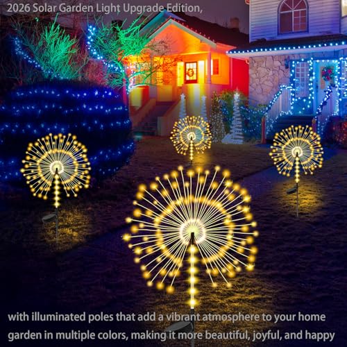 2 Pack 250LED Solar Garden Lights Outdoor, Dual Lighting Modes Firework Lights Solar Powered, Waterproof Twinkle Fairy Light Outside for Yard Patio Pathway Christmas Party Decorative（Warm White） - color: Warm White 02