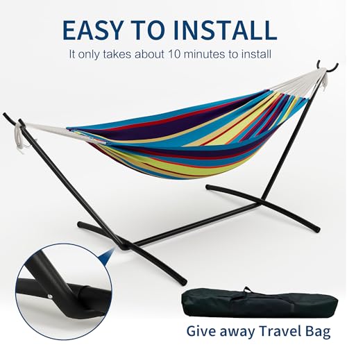 Double Hammock with Steel Stand - 2 Person Hammock Bed Indoor Outdoor, Brazilian-Style, with Carry Bag, 450lb Capacity, Portable & Easy Assembly, Tropical - color: Tropical