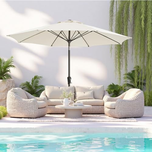 9FT Large Outdoor Patio Umbrella Pool Market Umbrella-UV Resistant, Easy Push Button Tilt and Crank, 8 Sturdy Ribs Heavy-Duty Table Umbrella for Deck, Backyard, Garden (White) - color: White, size: 9 FT