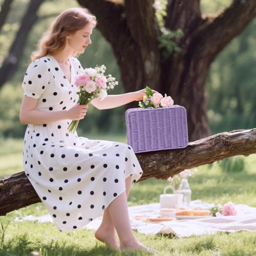 Mini Wicker Picnic Basket, Decorative Prop Suitcase Vintage Storage Hamper Makeup Organizer, 11.5" Metal Lock Rattan Storage Box with Handles for Sundries Travel Camping and Outdoor Party (Purple, L) - color: Purple, size: Large