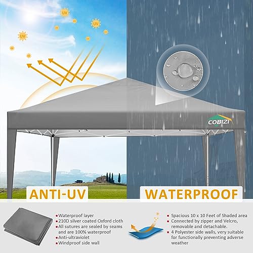 COBIZI 10x10 Pop Up Canopy Tent with 4 Sidewalls, Easy Set Up Canopy 10x10 Waterproof Commercial Outdoor Gazebo Portable Shelter Instant Tents for Parties,Backyard,Flea Market(Carrying Bag×1,Grey
