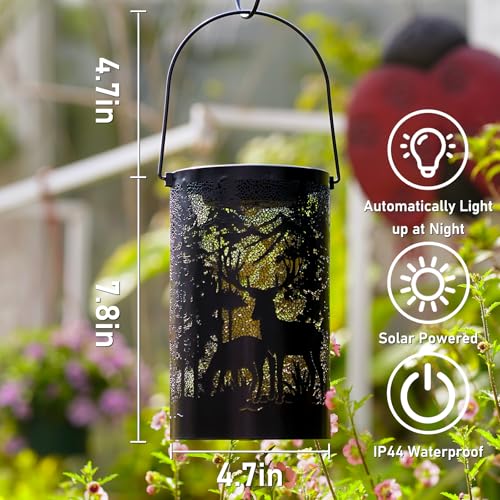 Solar Lantern Outdoor Waterproof Deer Garden Decor Birthday Gifts for Women Mom Grandma Hanging Solar Lights Metal Decoration Outside for Yard Patio Backyard Porch