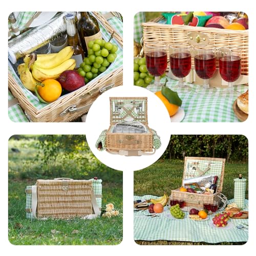 Picnic Basket for 4, Insulated Willow Picnic Baskets with Shoulder Strap, Picnic Hamper with Waterproof Picnic Blanket, Handmade Wicker Hamper for Outdoor Camping, GreenCheck - style: GreenCheck-4P