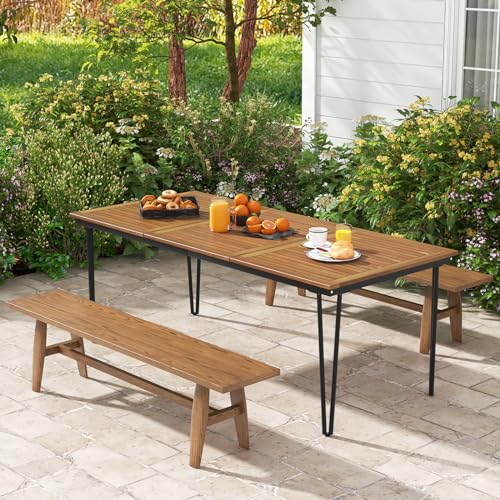 Tangkula 79 Inch Outdoor Dining Table for 8, Acacia Wood 8-Person Patio Table with 1.9 Inch Umbrella Hole, Metal Legs & Adjustable Foot Pads, Rectangular Outside Table for Garden, Poolside & Backyard - size: 79"