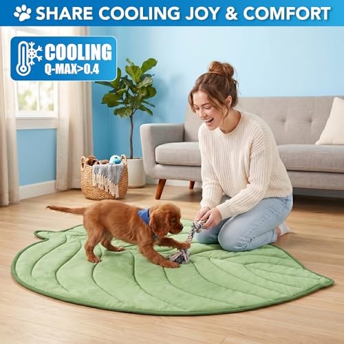 PetAmi Dog Cooling Mat, Leaf Shape, Pet Pad with Cooling Nylon & Soft Fleece, Q-Max > 0.4 Reversible All Season Blanket for Dogs & Cats, Large 52x60 in, Sage Green - color: Sage Green, size: Large
