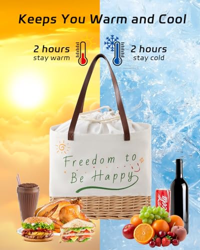 Insulated Picnic Basket Wicker Picnic Basket with 23.7L Canvas and Willow Folding Collapsible Shopping Baskets with Drawstring Closure, Insulated Waterproof Lining for Camping,Wedding Gifts - size: Rectangle With Insulated Lining
