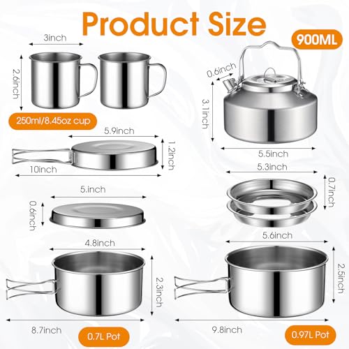Funnymoom 15 Pcs Camping Cookware Mess Kit Outdoor Cooking Set Stainless Steel with Pot and Pan Kit 2 Set Stainless Steel Cups Plates Forks Knives Spoons for Camping Backpacking Cooking Picnic