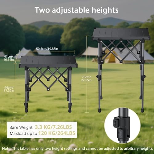 Anbte Folding Camping Table, 2 Height Adjustable Small Camping Side Table Aluminum Roll Top with Carry Bag, Stable X-Frame for Outdoor Cooking, Tailgating Picnic BBQ RV Travel, 20”x16”, 264lbs Load - size: 50.5 X 41 X [44/70] Cm