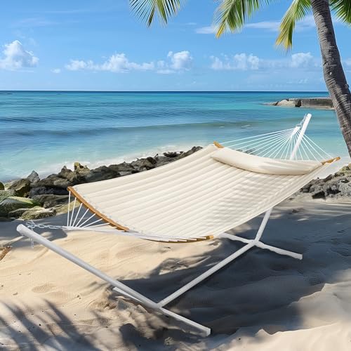 SUPERJARE Hammock with Stand, 2 Person Heavy Duty Hammock with Padded Cotton, Detachable Pillow & Strong Curved-Bar & Portable Carrying Bag, Perfect for Outdoor & Indoor, Beige - color: Beige