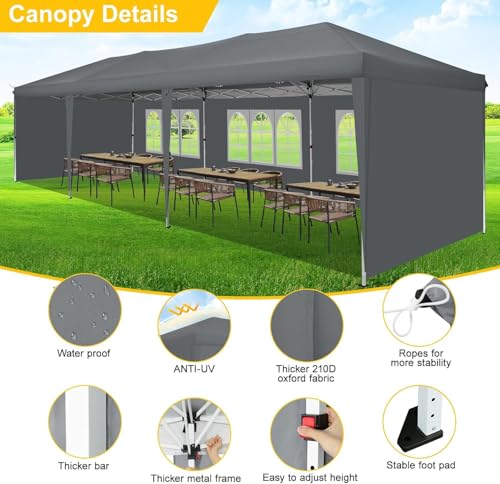 COBIZI 10x30 Pop Up Canopy Tent with 5 Sidewalls Party Tents for Parties Wedding Backyard Waterproof Outdoor Commercial Canopy Event with Sandbags, Gray - color: Gray, size: 10x30FT with 5 sidewalls