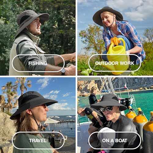GearTOP Wide Brim Sun Hat for Men & Women, UPF 50+ Fishing Hat with Detachable Neck Flap & Face Cover Gardening Boonie Sunhat - color: Dark Gray No Flaps