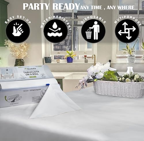 White Plastic Tablecloth Roll 54in X 120ft Disposable Waterproof Cover Table Cloth Rolls for Outdoor Party Events Tablecloths for BBQ Picnic Rectangle and Round Tables and Decorative Supplies - color: White