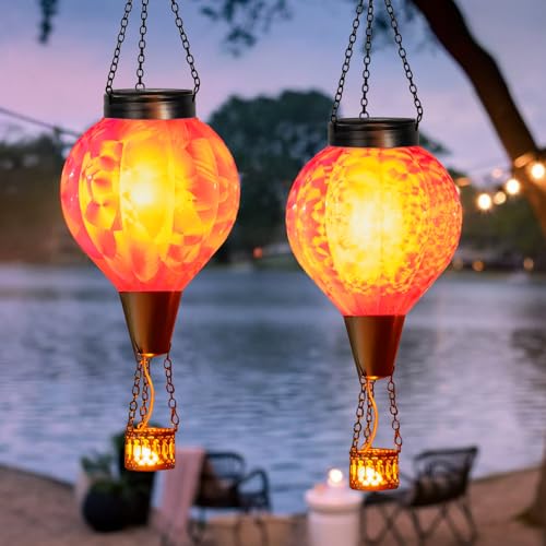 2PC Hot Air Balloon Solar Lantern with Flame, Pink Glass Balloon Lantern Lights Outdoor Waterproof, Hanging Solar Lights for Outside Garden Yard Patio Tree Porch Gift for Women Lovers Mom - color: 2PCS-Pink