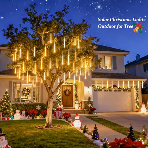 JMEXSUSS Solar Meteor Shower Lights Outdoor, 8 Tube 144 LEDs Warm White Solar Christmas Lights for Tree Eave Xmas Holiday Party Patio House Wedding Decor - color: Warm White, size: 1*144LED